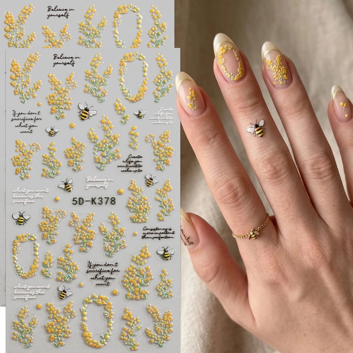 Spring Lily of the Valley & Bee 5D Embossed Nail Stickers - Yellow Green Lily, Bee & Word Nail Decals - For Spring Daily, E