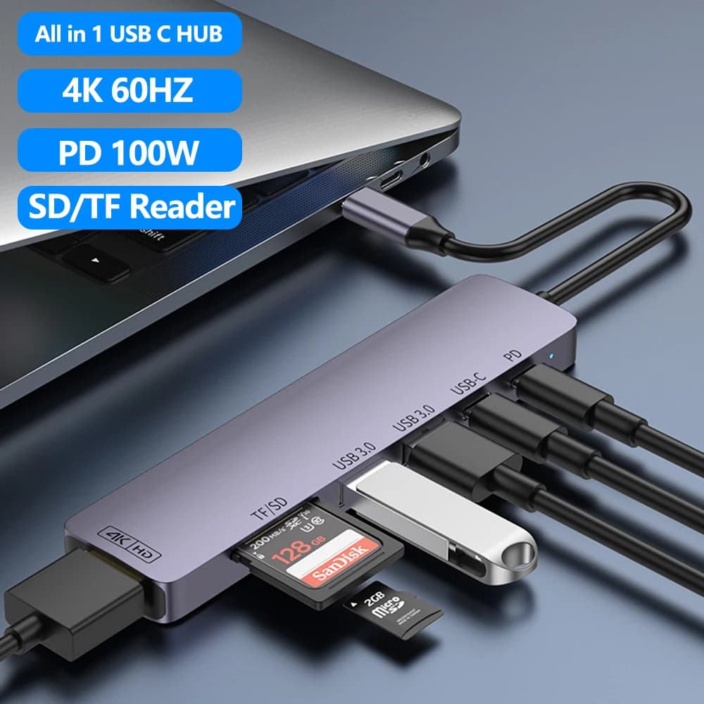 USB C HUB 4K 60Hz PD100W Adattatore splitter USB Lettore di schede SD/TF per laptop MacBook Air Pro Samsung S23 24 25 Dex iPhone 15 16