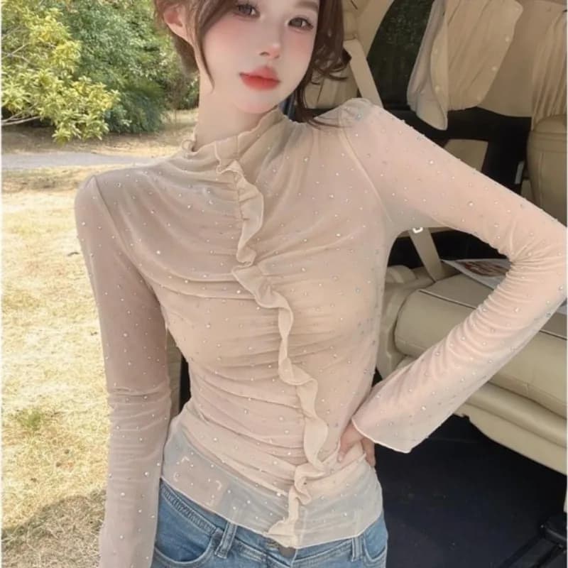 Early Autumn Sexy Fungus Edge Tight Long-sleeved Top Temperament Korean Style New Pure Desire Sequined Mesh T-shirt for Girls