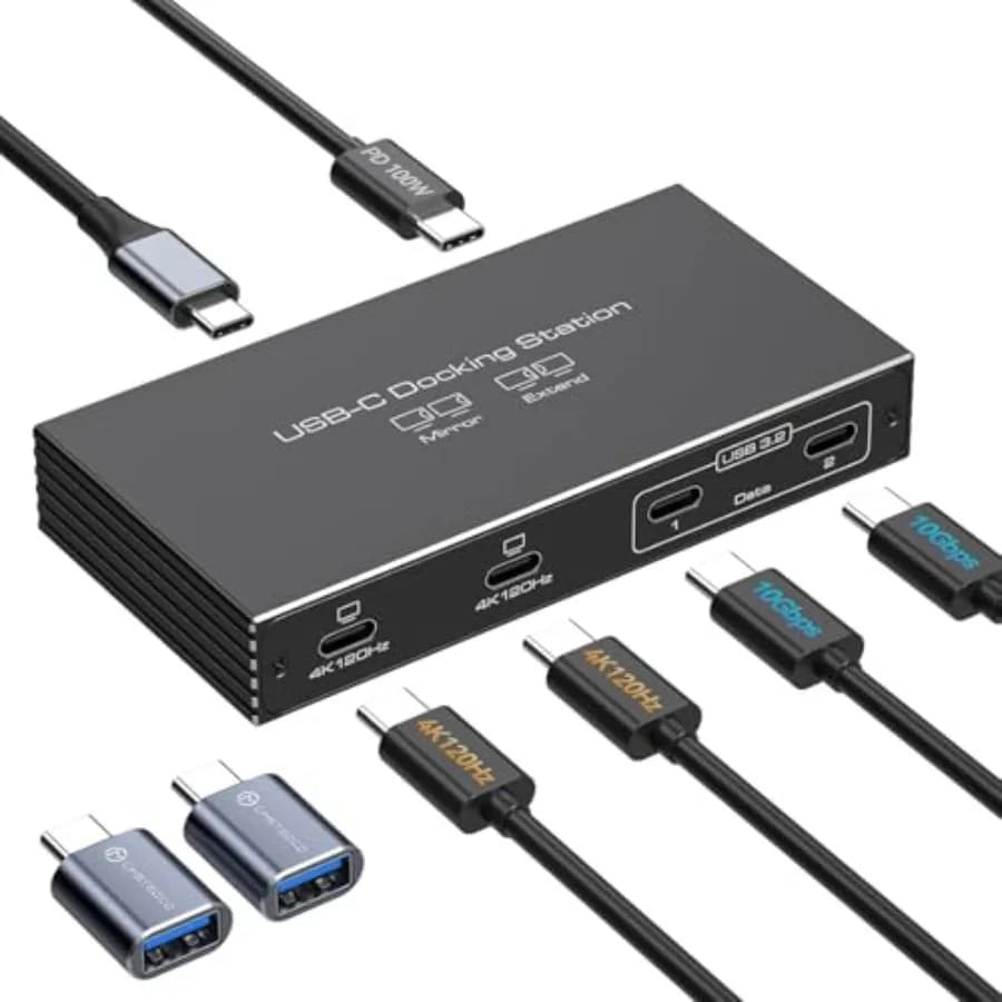 4K120Hz USB C Splitter Dual Monitor Adapter Thunderbolt Splitter 6-in-1 USB C Hub with Dp Alt Mode Video Output 10Gbps Data Transfer