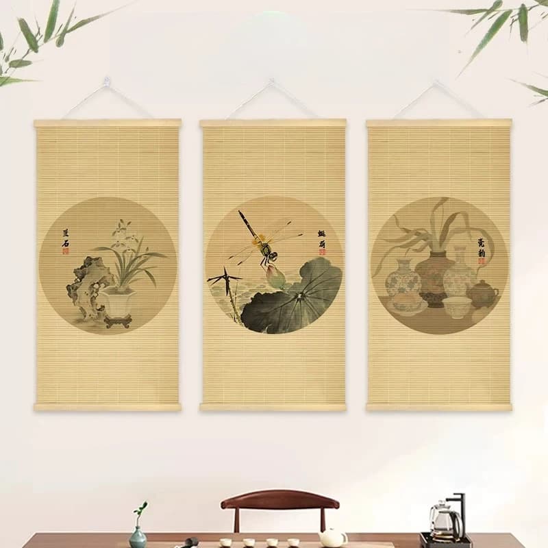 Peaceful Bamboo Weave Art Dragonfly Pond for Yoga Studio Mindfulness Decor Feng Shui Harmony Balcony Garden View