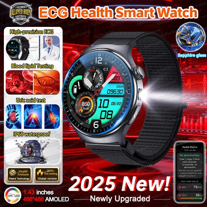 2025New ECG Heart Health Astute Men's Watch 1.43''Schermo Zaffiro Acid Urico Pressure Lipide In Blood Watch Called Women's Watch Waterproof