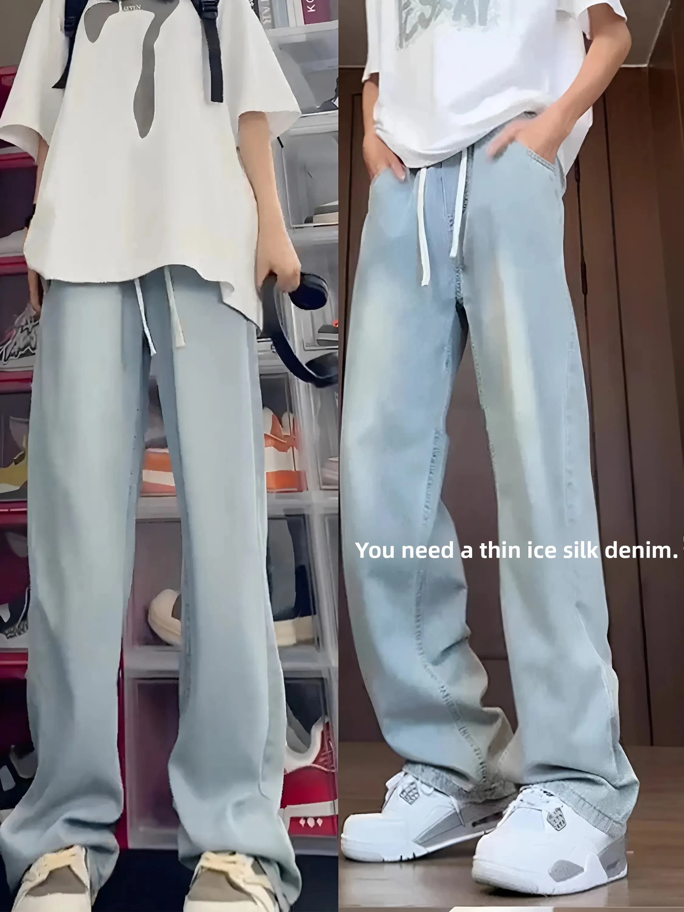 Ice Silk Drawstring Men's Jeans Summer Thin Straight Leg Loose Fit Casual Style Breathable Comfortable Teenage Fashion