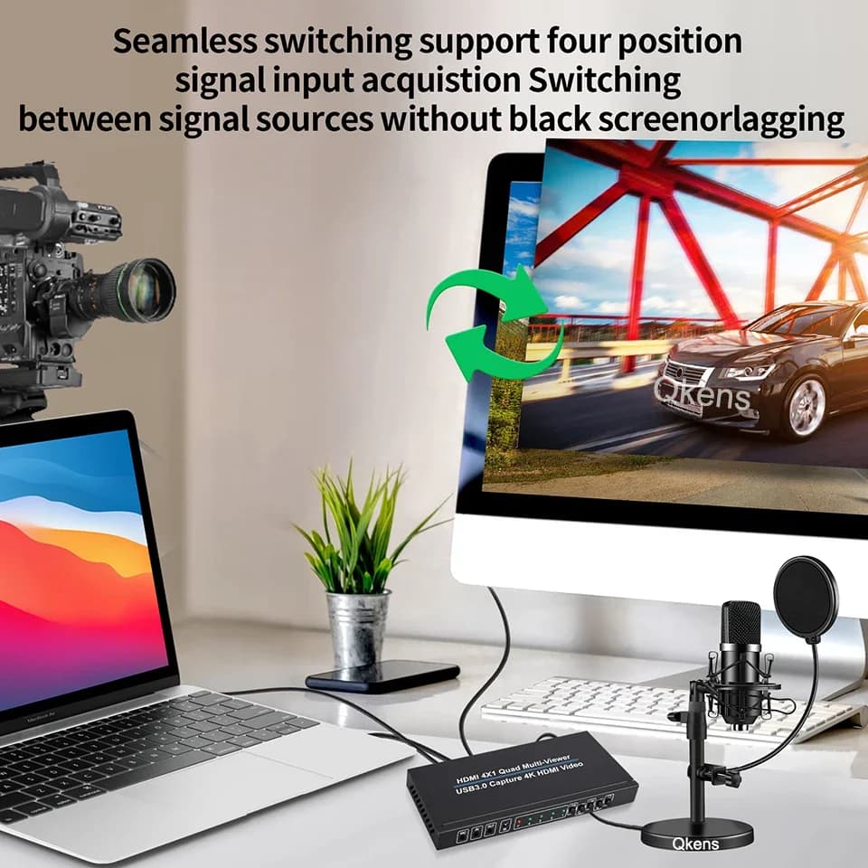 4K HDMI Multi-Viewer 4x1 Seamless Switch - IR Remote 4 in 1 Out 9 Display Modes with USB3.0 1080p 60fps Video Capture Card 2in1