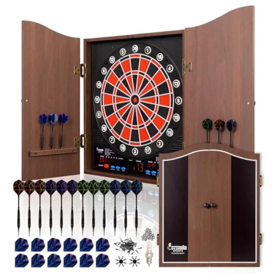Tavolo da gioco elettronico con freccette a punta morbida per uso domestico, mobiletto in legno, nero e rosso, 34 giochi con supporto multiplayer fino a 8 giocatori