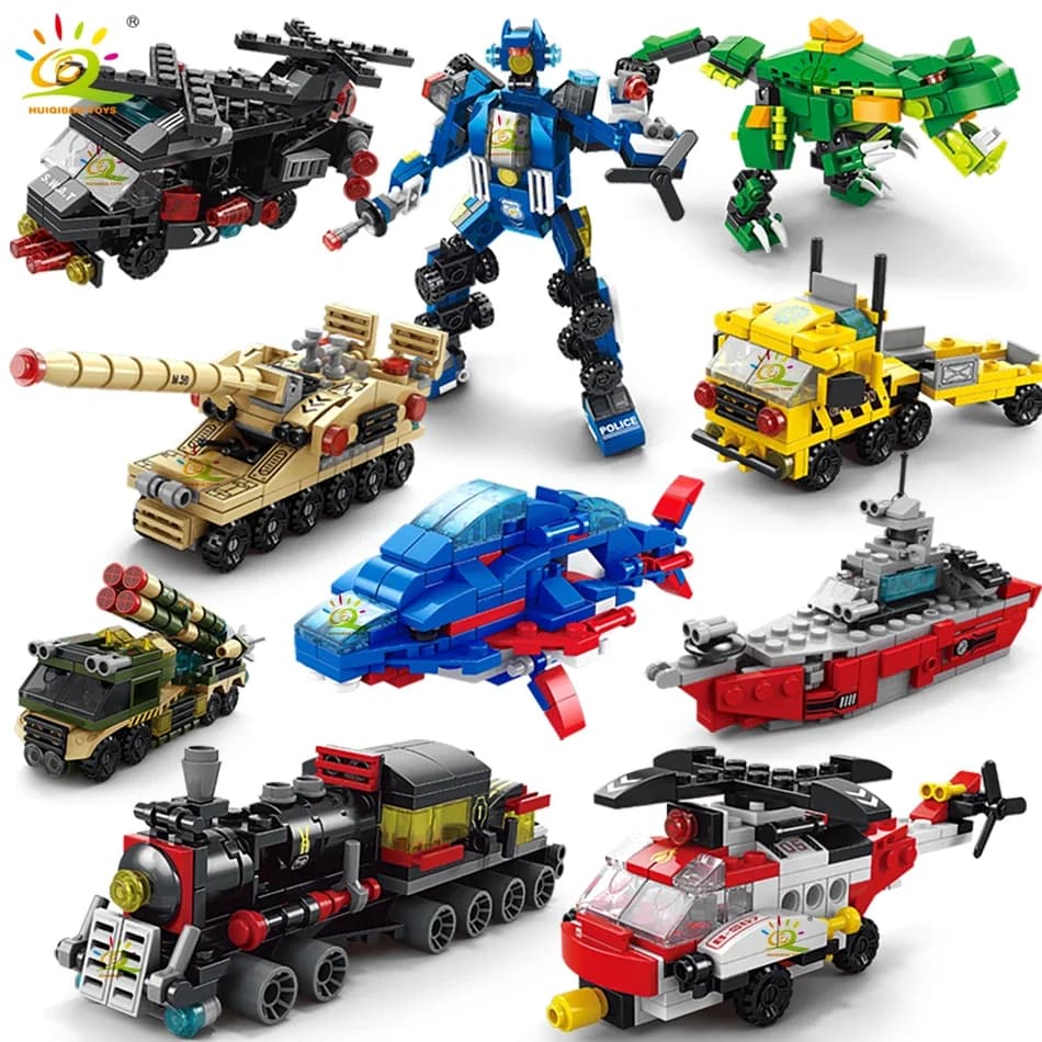 HUIQIBAO 6 in1 City Engineering Car Police Truck Building Blocks Tank Helicopter Fire Brick Set Toys for Kids