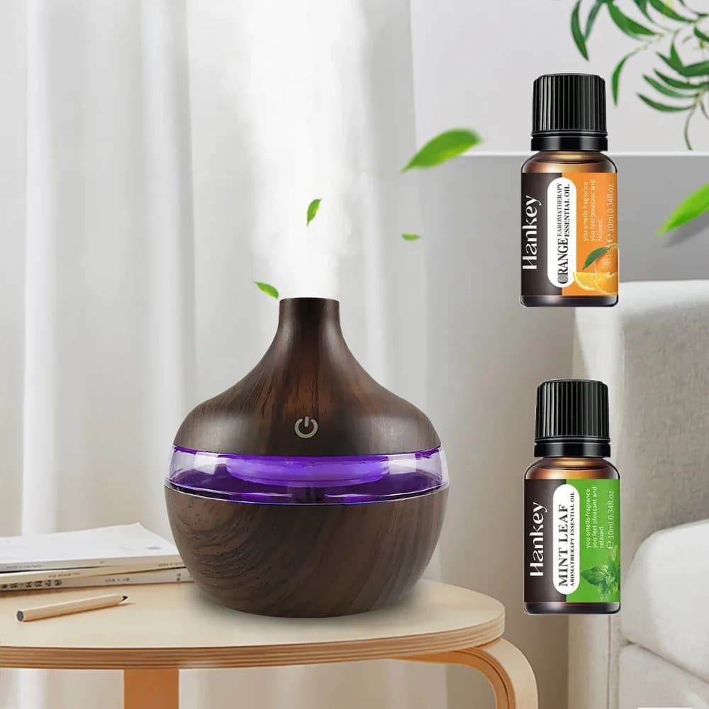 Umidificatore a venature del legno da 300 ml e diffusore per aromaterapia Idratazione alimentata tramite USB, 2 oli essenziali calmanti