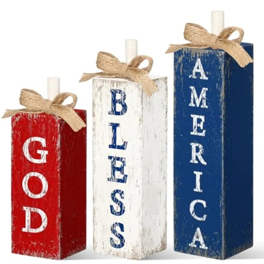 3 Pcs God Bless America Table Decor 4th of July Patriotic Wood Block Sign Red White Blue Decorations Farmhouse 250th Anniversar