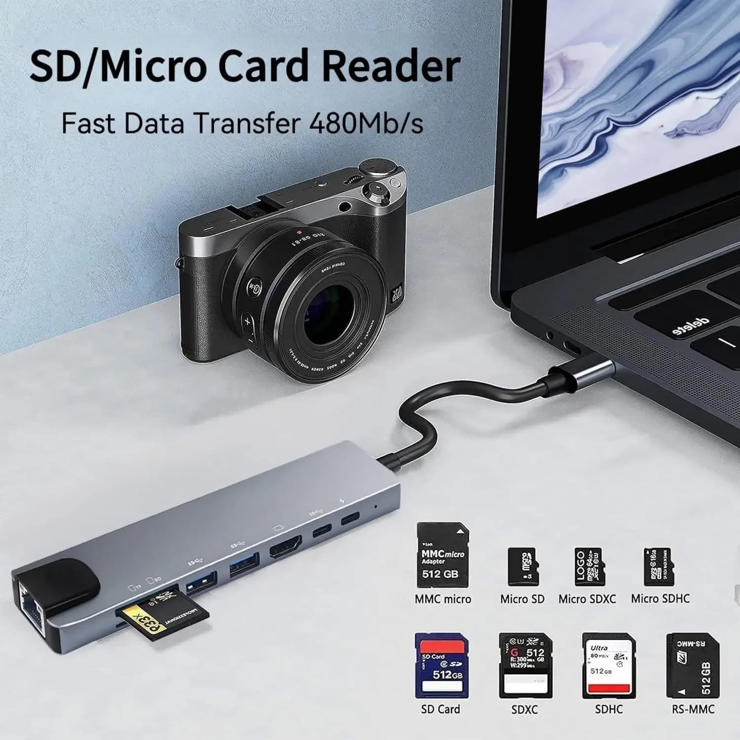 8 in 1 USB C Adapter with 4K DHMI,100W PD,USB 3.0, RJ45 Ethernet, SD/TF Card Reader, Docking Station Compatible with MacBook Pro