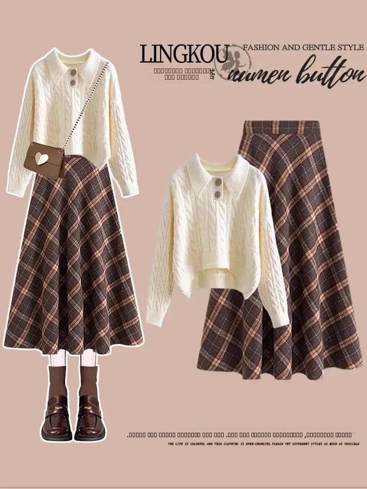 Women's Elegant Autumn Winter Plus Size Sweater: Soft Knit sweater in Knit and Waist skirt High Slimming effect - Set Two Pieces