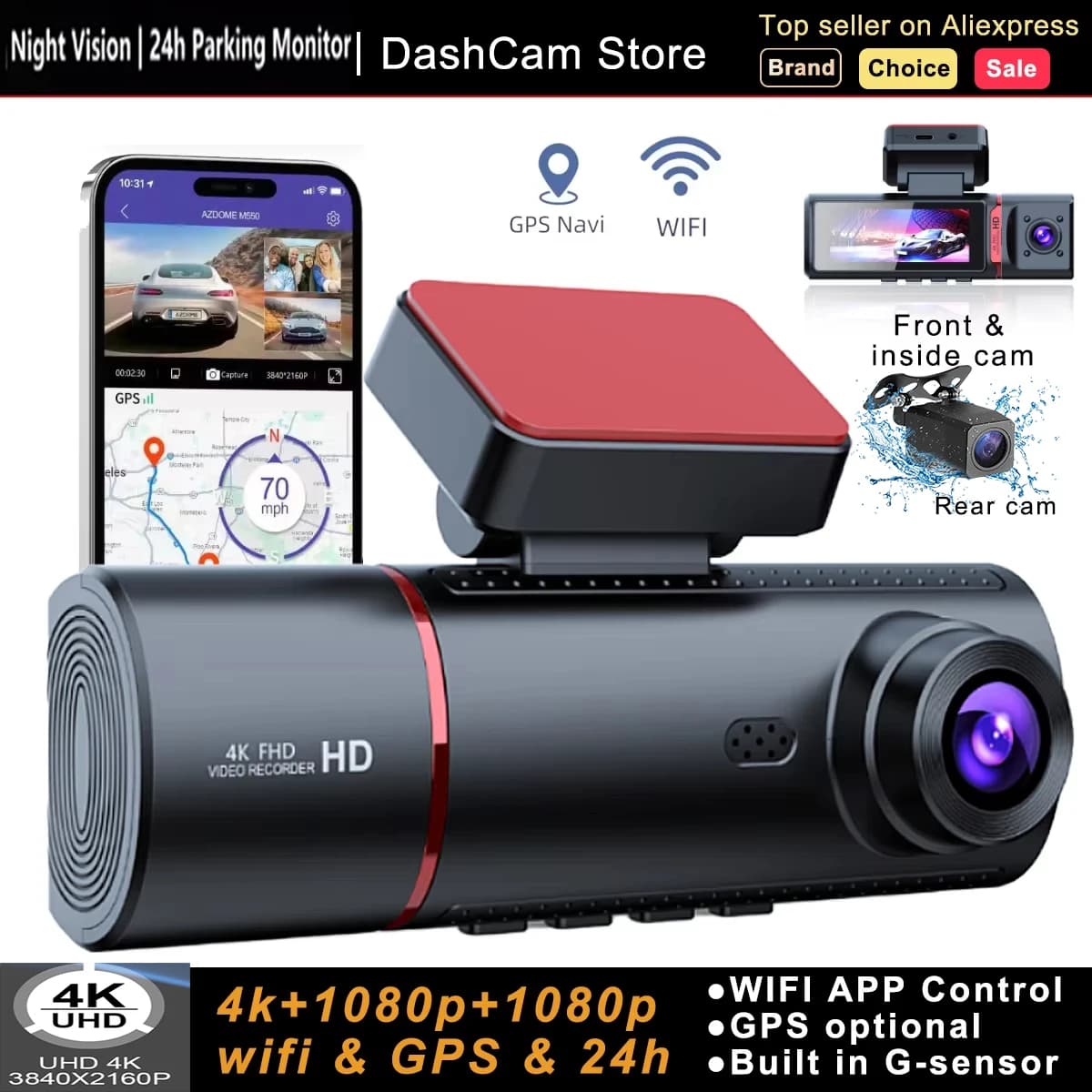 Dash Cam 4K 3 channel, GPS integrated 5 GHz WiFi with 64 GB 2160P+1080P+1080P Front and rear triple car camera with 3