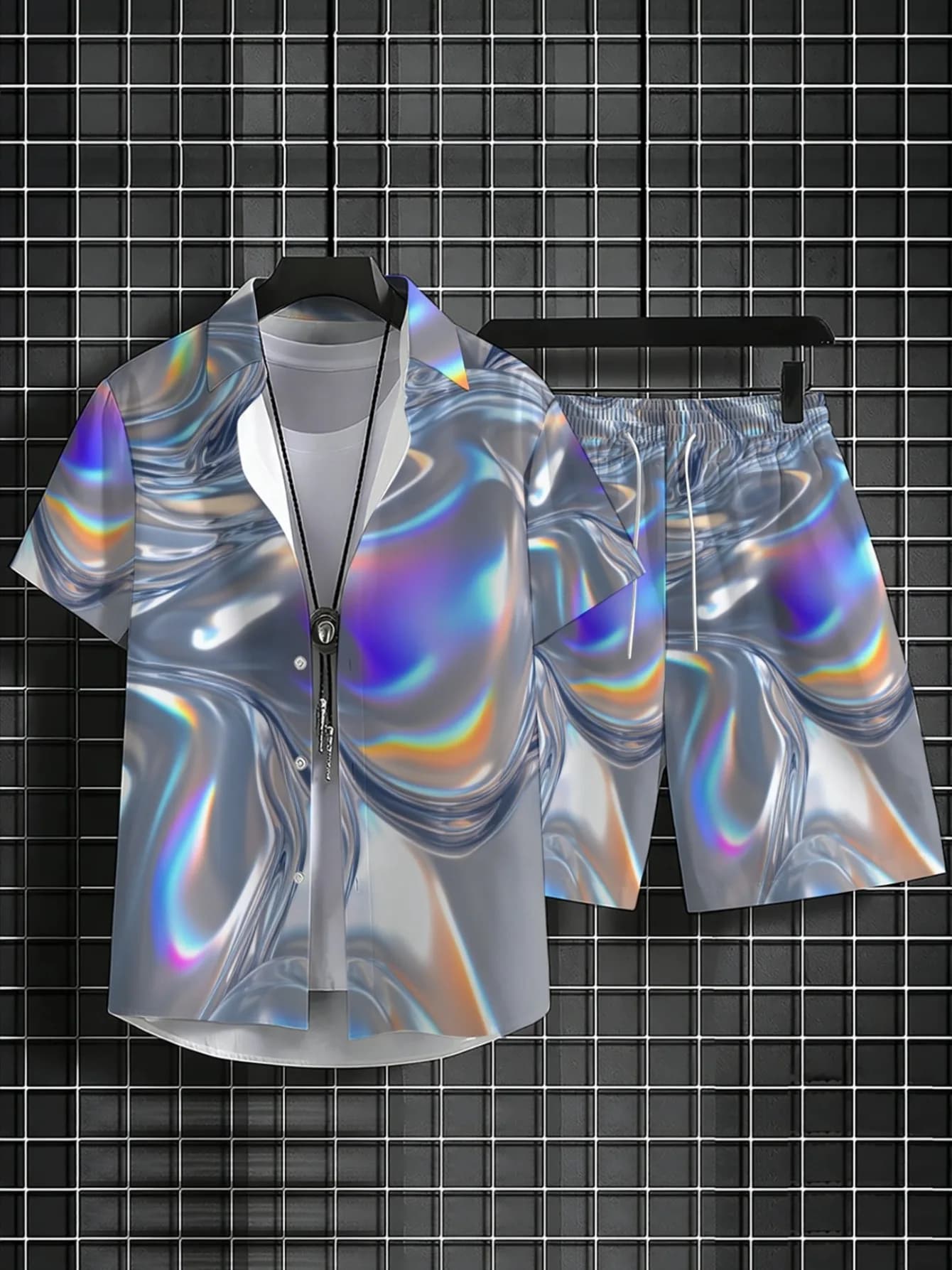 Men Holographic Liquid Marble Print Two Piece Outfit Short Sleeve Shirt Elastic Waist Shorts Summer Beach Suit