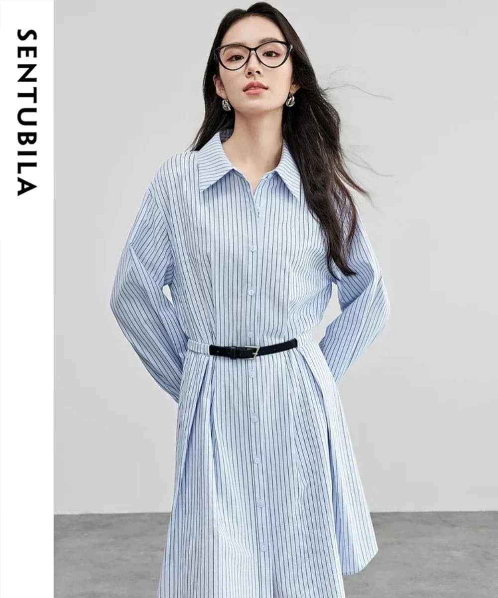 Abito midi da donna SENTUBILA a righe, in cotone, con colletto a risvolto, maniche lunghe, linea ad A, con cintura, per l'ufficio 2026 151L58148