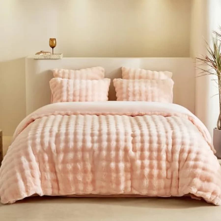 Set Copripiumino Queen Size in Finta Pelliccia, Ultra Morbido e Caldo, 3 Pezzi, Copripiumino in Flanella Soffice, Set Biancheria da Letto Rosa