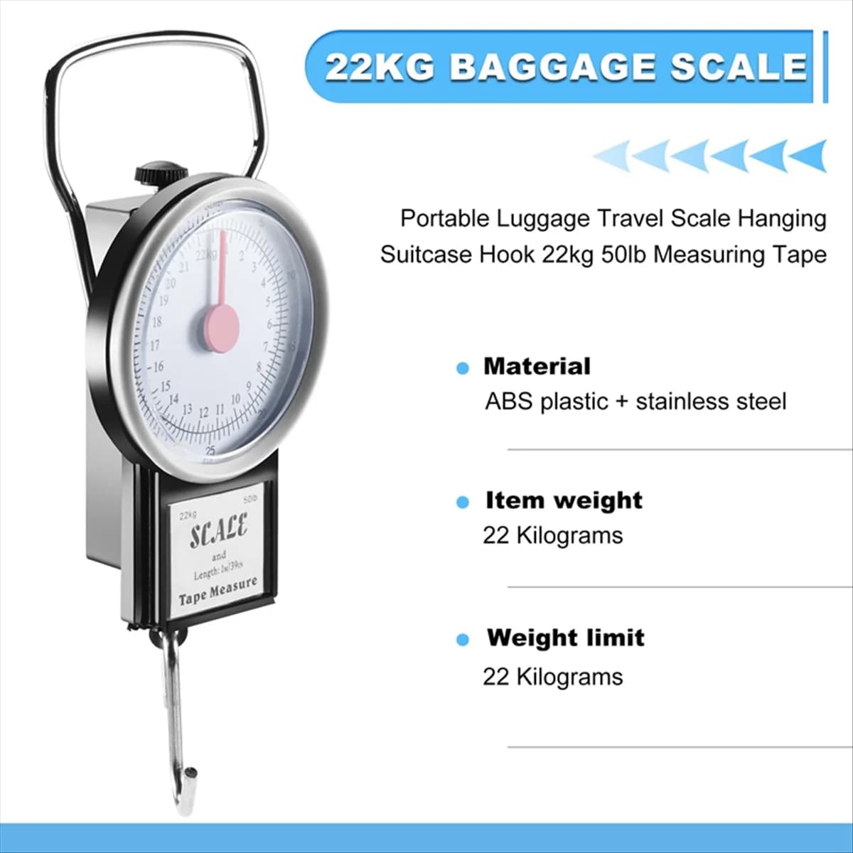 Nuova bilancia da viaggio per bagagli portatile, gancio per valigia sospesa, nastro di misurazione da 22 kg, 50 libbre