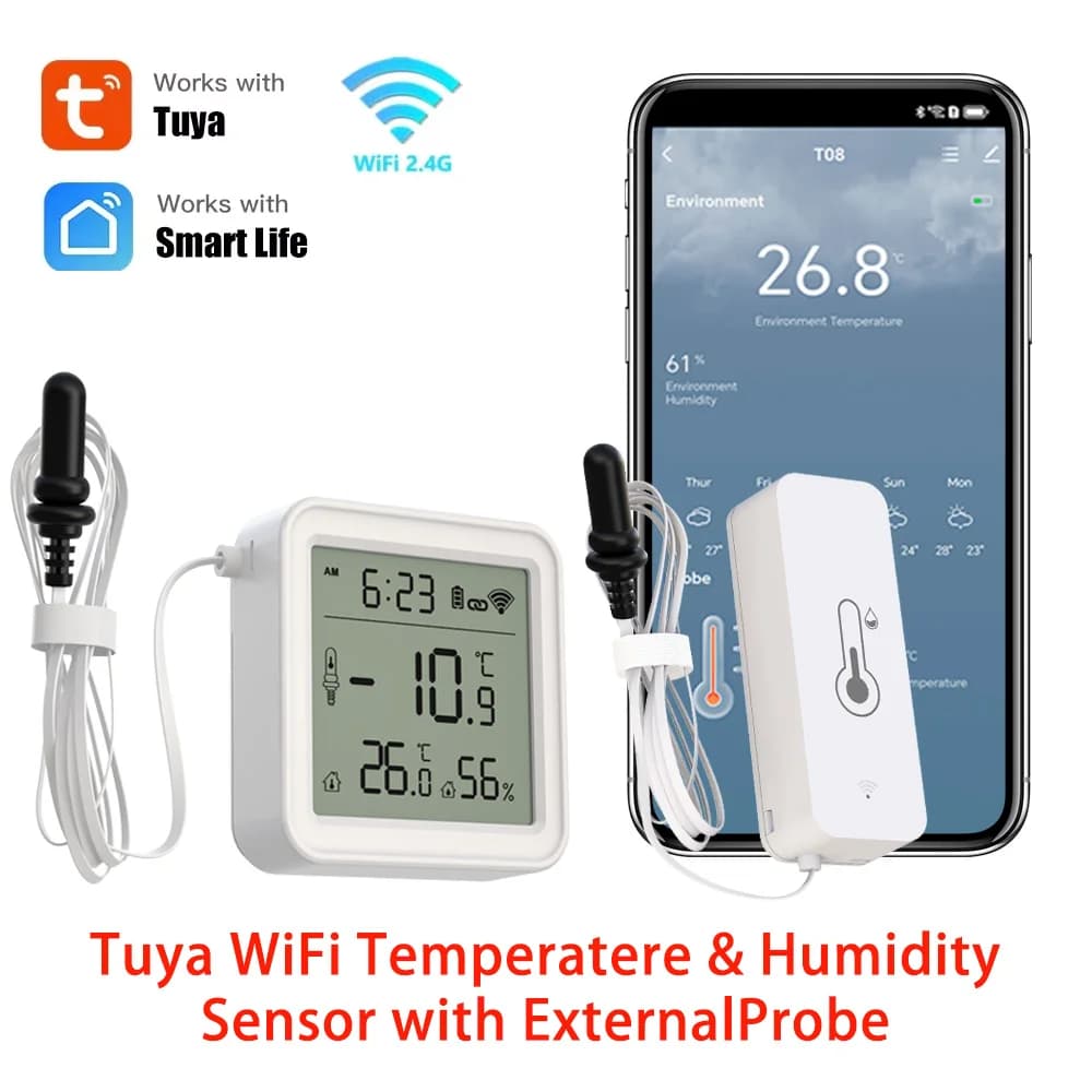 Tuya WiFi Temperature Humidity Sensor With External Probe for Smart Home Hygrometer APP Monitoring For Plants Aquarium Winery