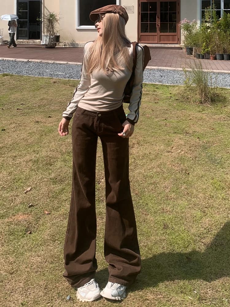 Jeans a Zampa d'Elefante a Vita Bassa in Denim Marrone Stile Americano Vintage Pantaloni Slim Fit Casual Lavati a Gamba Larga per Donna