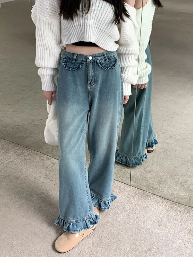 Fashion Ruffle Jeans Women Wide Leg Pants Jeans Retro Chic Korean Version of High-waisted Jeans Kawaii Y2K Straight Pants