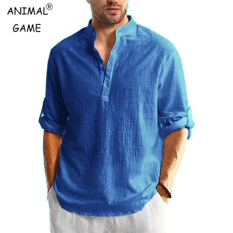 Magliette da uomo in cotone e lino nuove Camicie abbottonate a maniche lunghe Camicie da spiaggia Henley Magliette hawaiane da uomo Magliette traspiranti