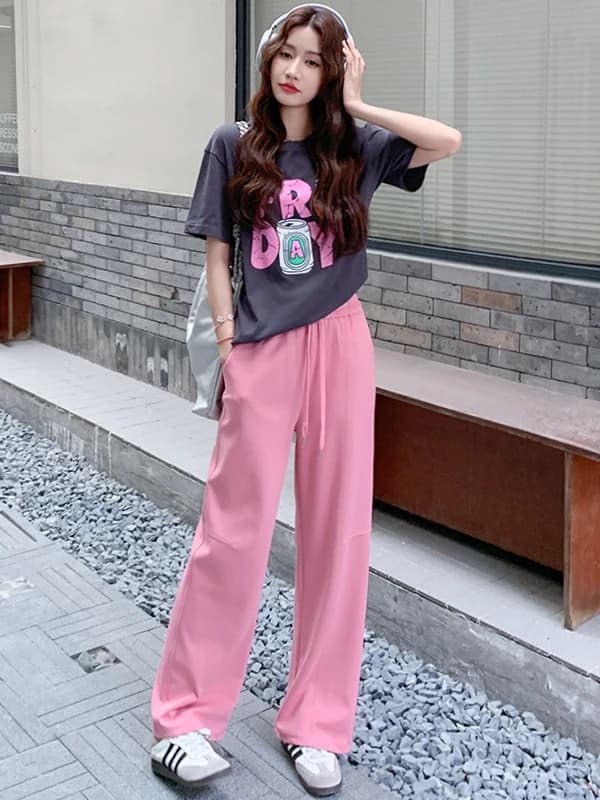 Chic Korean Style Casual Sportswear Set Women Summer Trendy Slimming Short Sleeve T-Shirt Pink Wide Leg Pants Two Piece Set