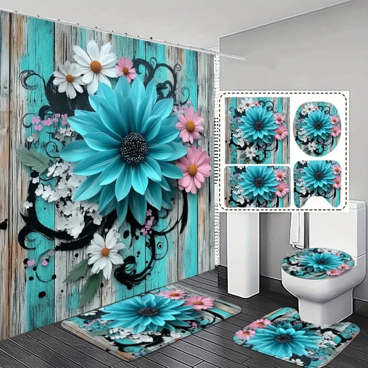 4pcs Teal Floral Shower Curtain Set,Modern Bathroom Decor with Non-Slip Mat and Toilet Cover,Machine Washable for All-Season Use