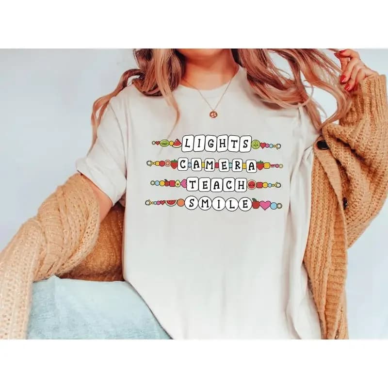 Teacher T-shirt with 'Lights Camera Teach' print, new groovy bracelet, STEM Friendship sweatshirt