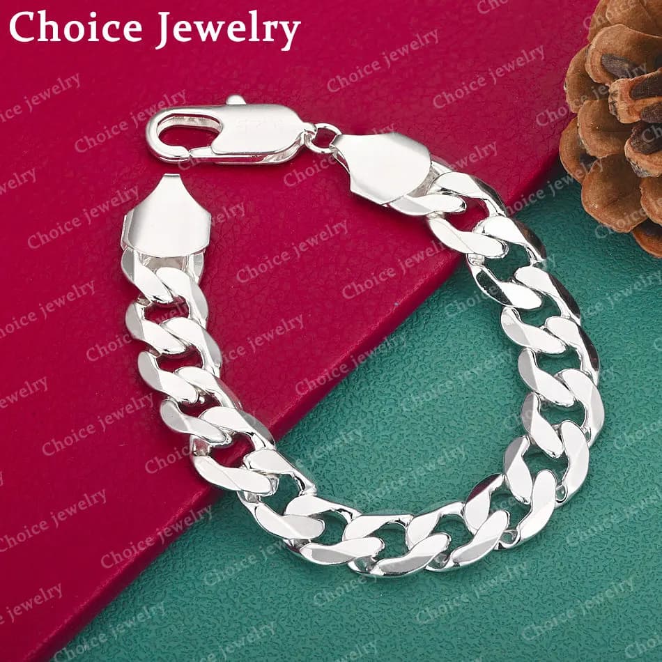 Bracciale a catena da 12 mm con chiusura a moschettone in argento sterling 925 per uomo e donna, ideale per matrimoni, fidanzamenti, feste, ciondoli e accessori gioiello.