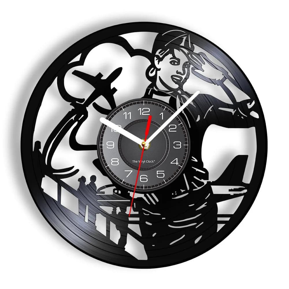 Airline Stewardess Pilot Vinyl Record Clock Travel Souvenir Flight Attendant Retro Music Album Wall Clock Aviator Home Decor