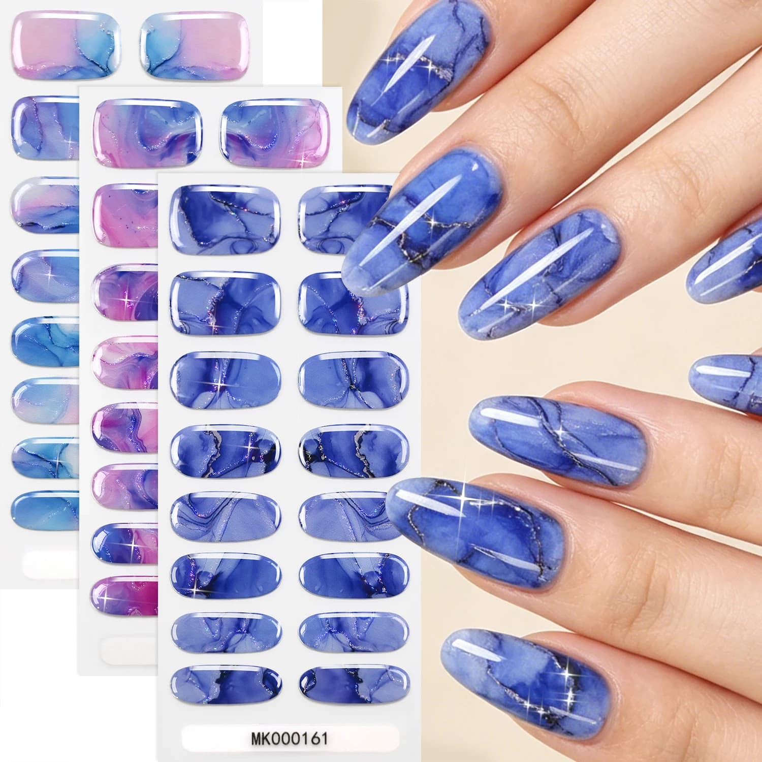 16 Pcs/Sheet Blue Purple Marble Ink Full Cover Nail Stickers Gradient Watercolor Nail Wraps Self-Adhesive Nail Strips Nails DIY