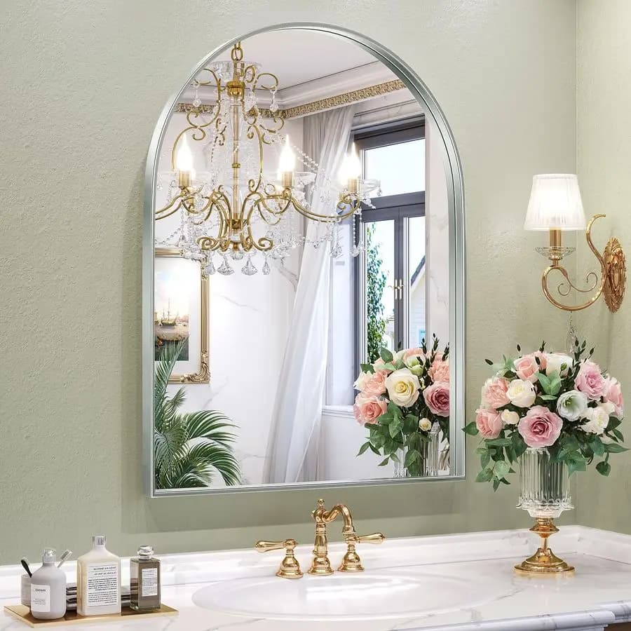 Specchio da parete ad arco con cornice in metallo, 24 x 36 pollici, argento, per soggiorno, camera da letto, bagno, corridoio, camera in polvere decorativa