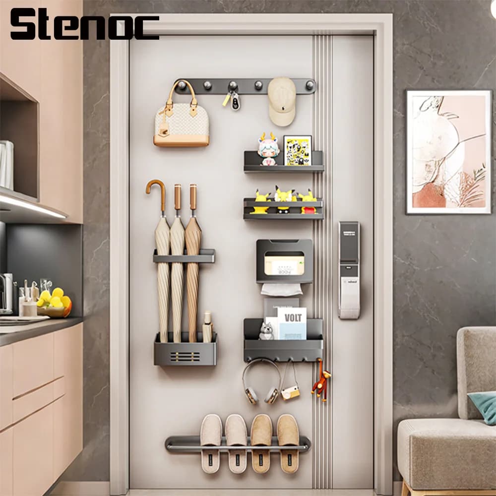 Organizzatore Magnetico Grigio Senza Foratura per Frigorifero, Scaffale Portaoggetti da Cucina, Gancio per Porta, Portaombrelli, Porta Carta Igienica