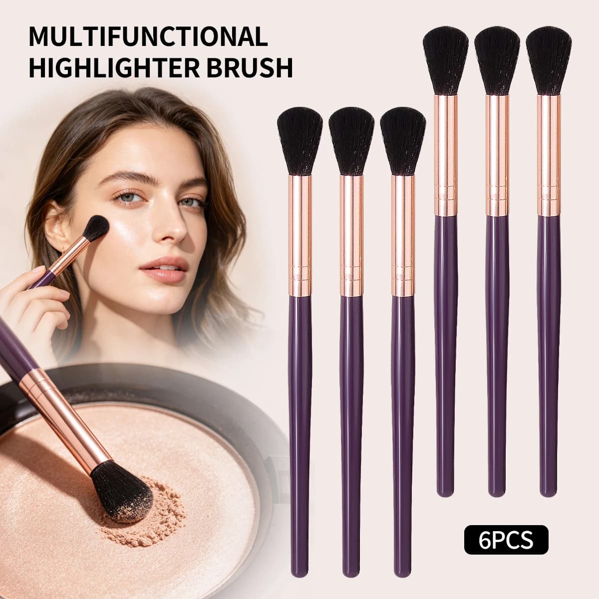 Set di 6 Pennelli Multifunzionali per Illuminante, Pennelli per Trucco con Manico in Legno Viola per Illuminante, Blush, Ombretto e Contouring