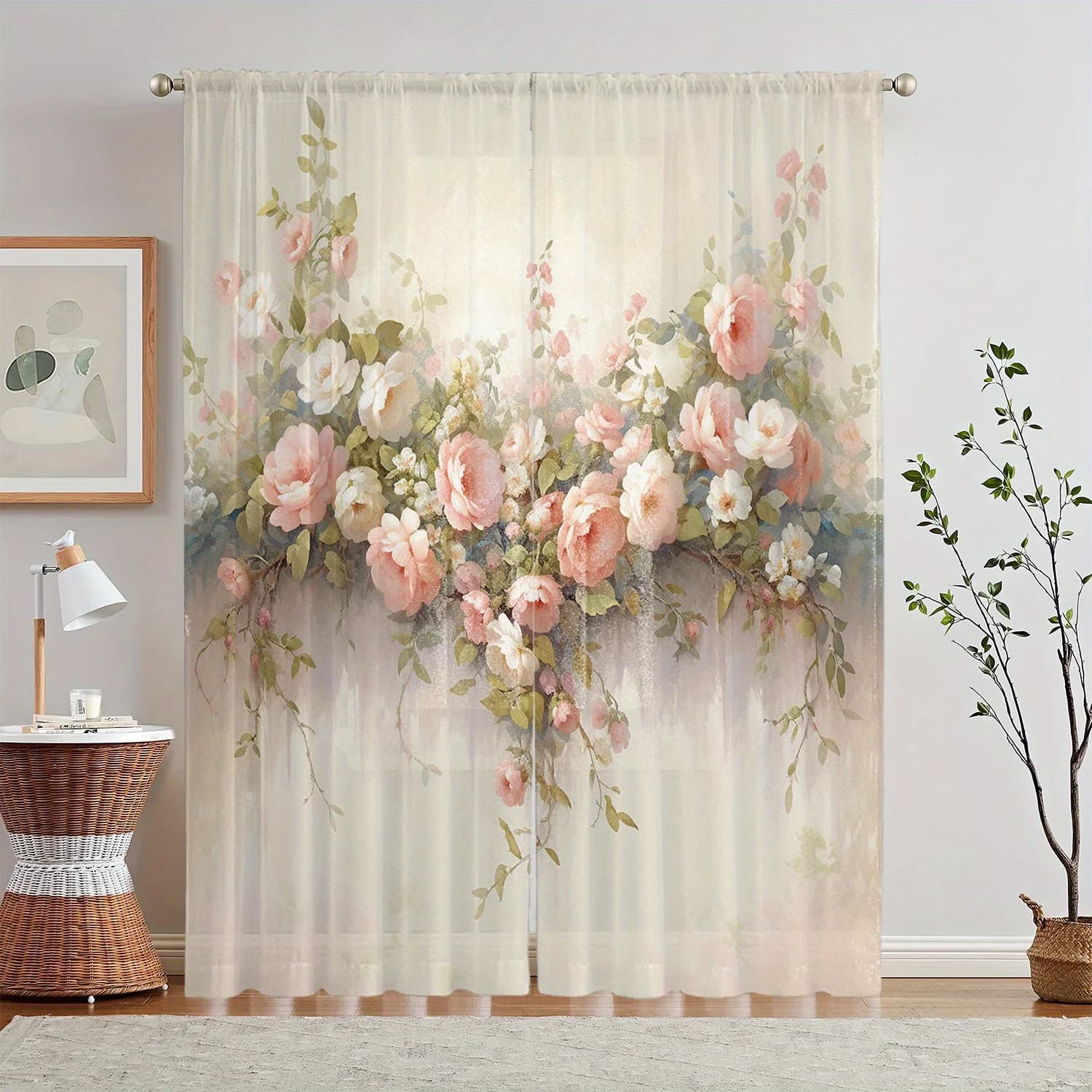2PC Pink & White Rose Sheer Curtains – Soft Polyester,Pocket Rod, Machine Washable – Pastel Style for Living Room,Bedroom,Office