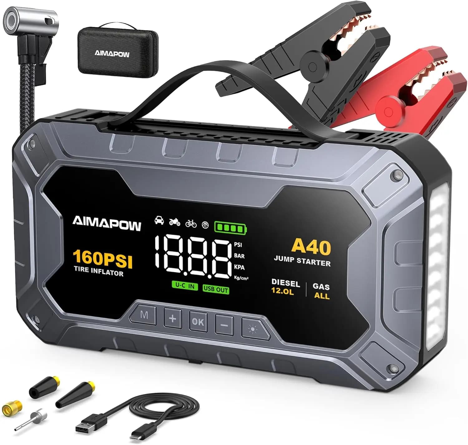 Avviatore di Emergenza 8000A con Compressore d'Aria, Power Bank per Batteria Auto 12V per Veicoli a Benzina/Diesel, Torcia LED Inclusa