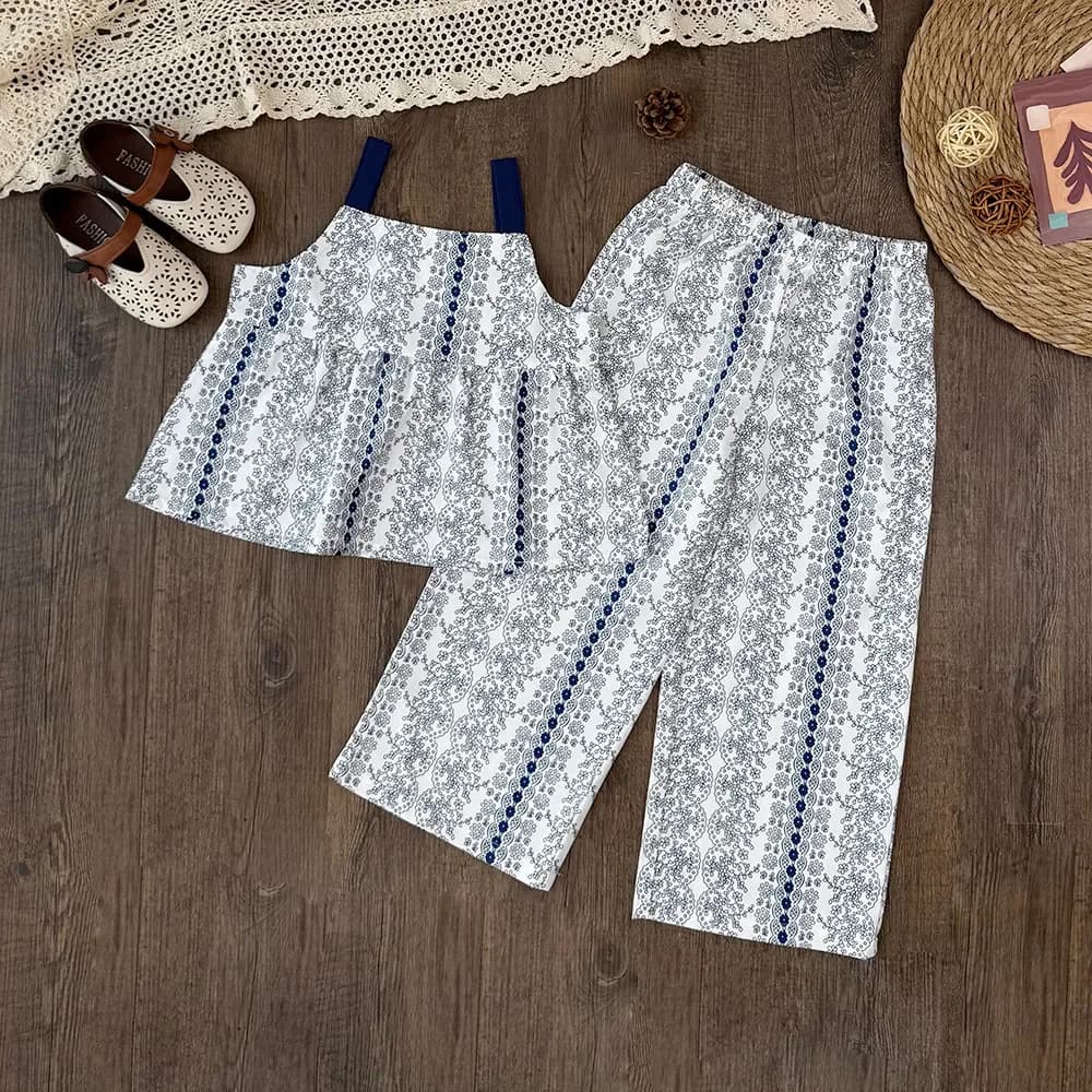 Estate Nuovo 4-7 Anni Ragazze Moda Abbigliamento Casual Versione Coreana Stampa Fiore Senza Maniche Reggicalze T-shirt + Pantaloni 2 Pezzi Set