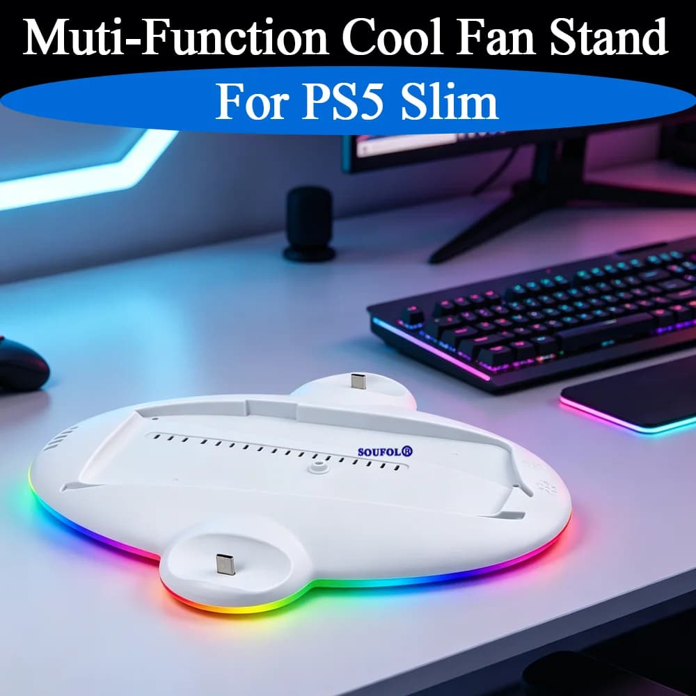 Supporto di raffreddamento multifunzione per PS5 Slim con illuminazione LED RGB, base di ricarica verticale per console PS5 Slim, accessori.