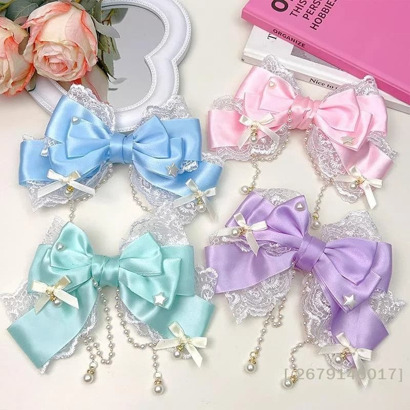 【YY26】Cute Gilrs Lolita Pink Bow Headpiece Large Lace Bow Pearl Pink KC Cute Princess Headwear Lolita Hair Clip Hair Accessories