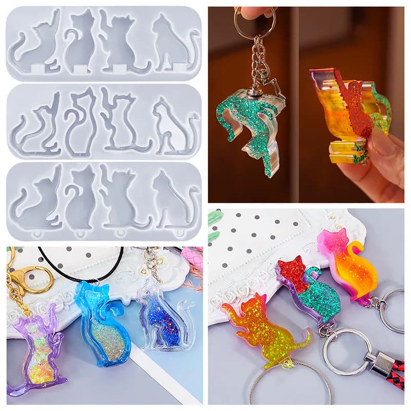 Crystal Resin DIY Mold Cat Keychain Pendant Silicone Mould Halloween Sand Timer Night Light with Hole Hanging Tag Molds