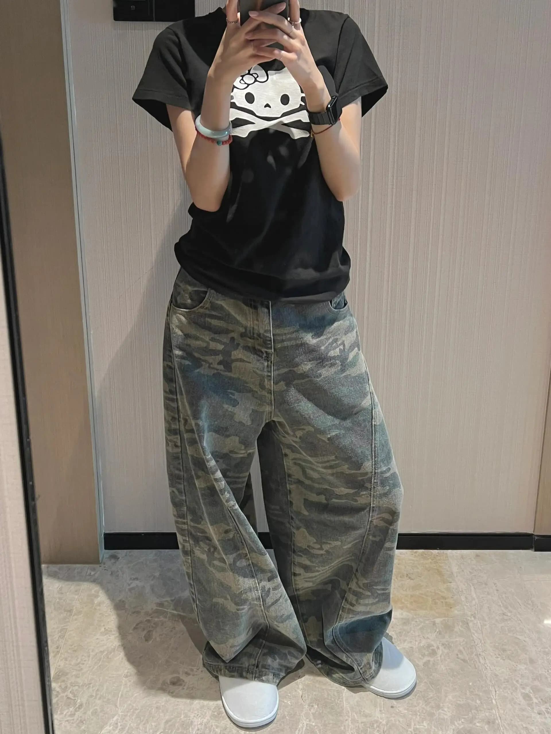Jeans da Lavoro Camouflage a Vita Alta e Gamba Larga da Donna, Pantaloni Casual Sciolti Effetto Snellente, Taglie Forti, Stile High Street