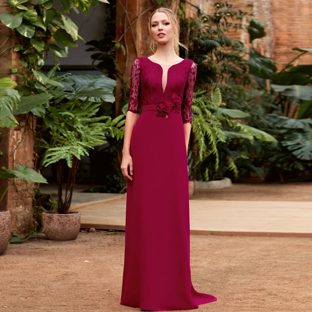 Customized Elegant A-line Mother of the Bride Dresses O Neck Half Sleeves Wedding Party Gowns Lace Flowers Floor-Length