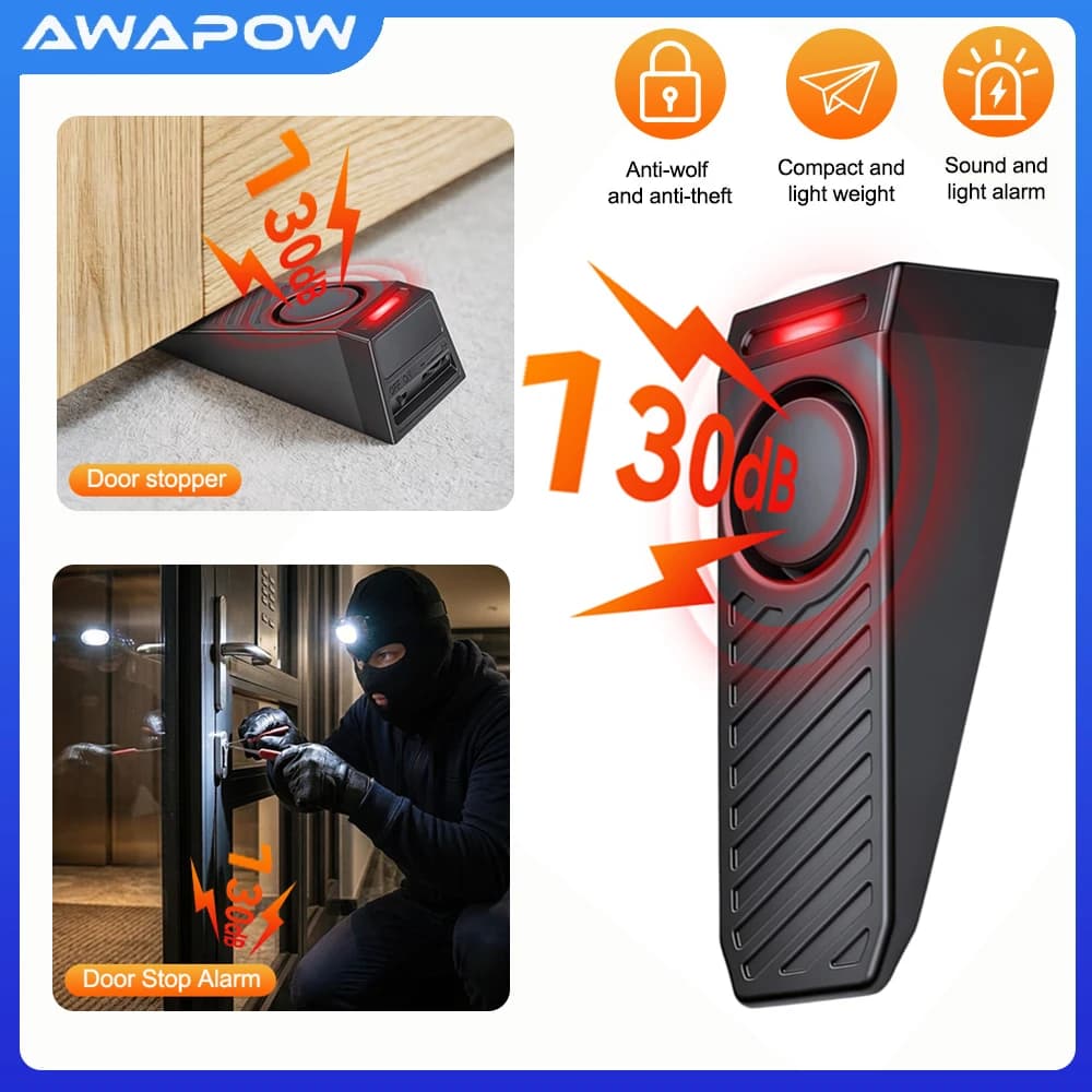 Awapow Fermaporta con Allarme di Sicurezza Ricaricabile 130dB, Mini Fermaporta a Cuneo Antifurto per Casa e Viaggi
