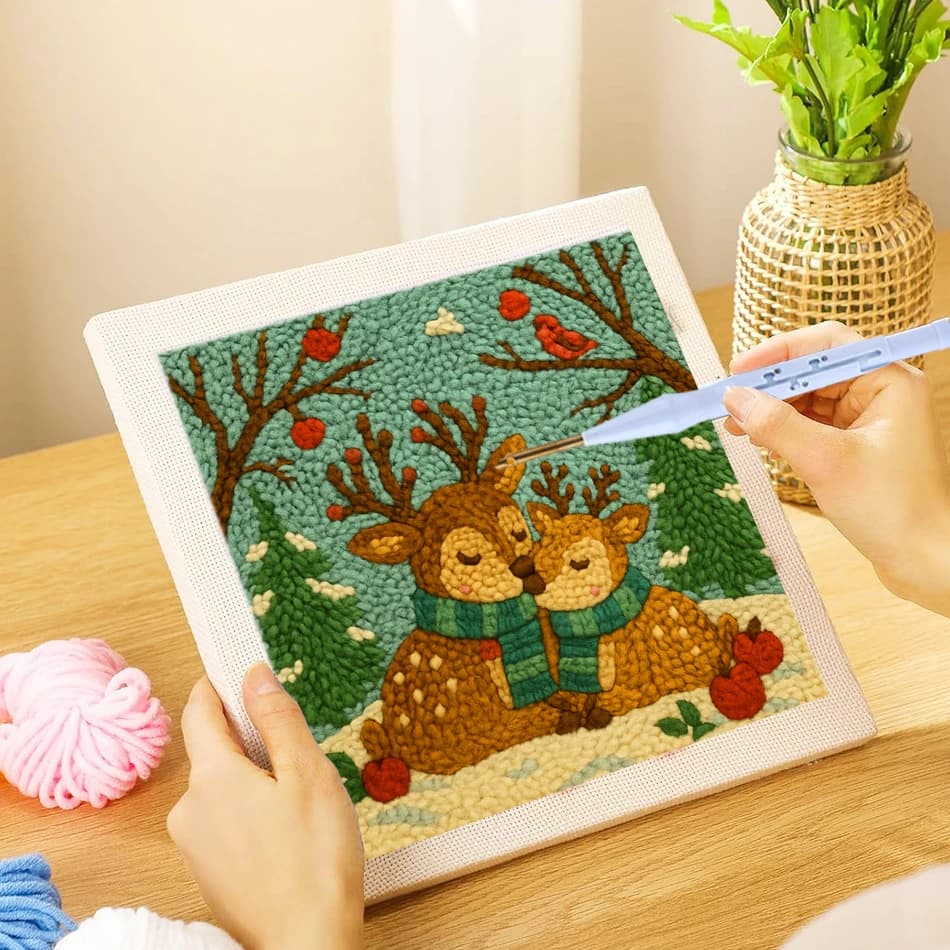 25x25cm New Milu Deer Punch Neddle Kit Embroidery Needle Kit with Instructions,Yarn,Stamped Cloth with Frame Gift for Christmas