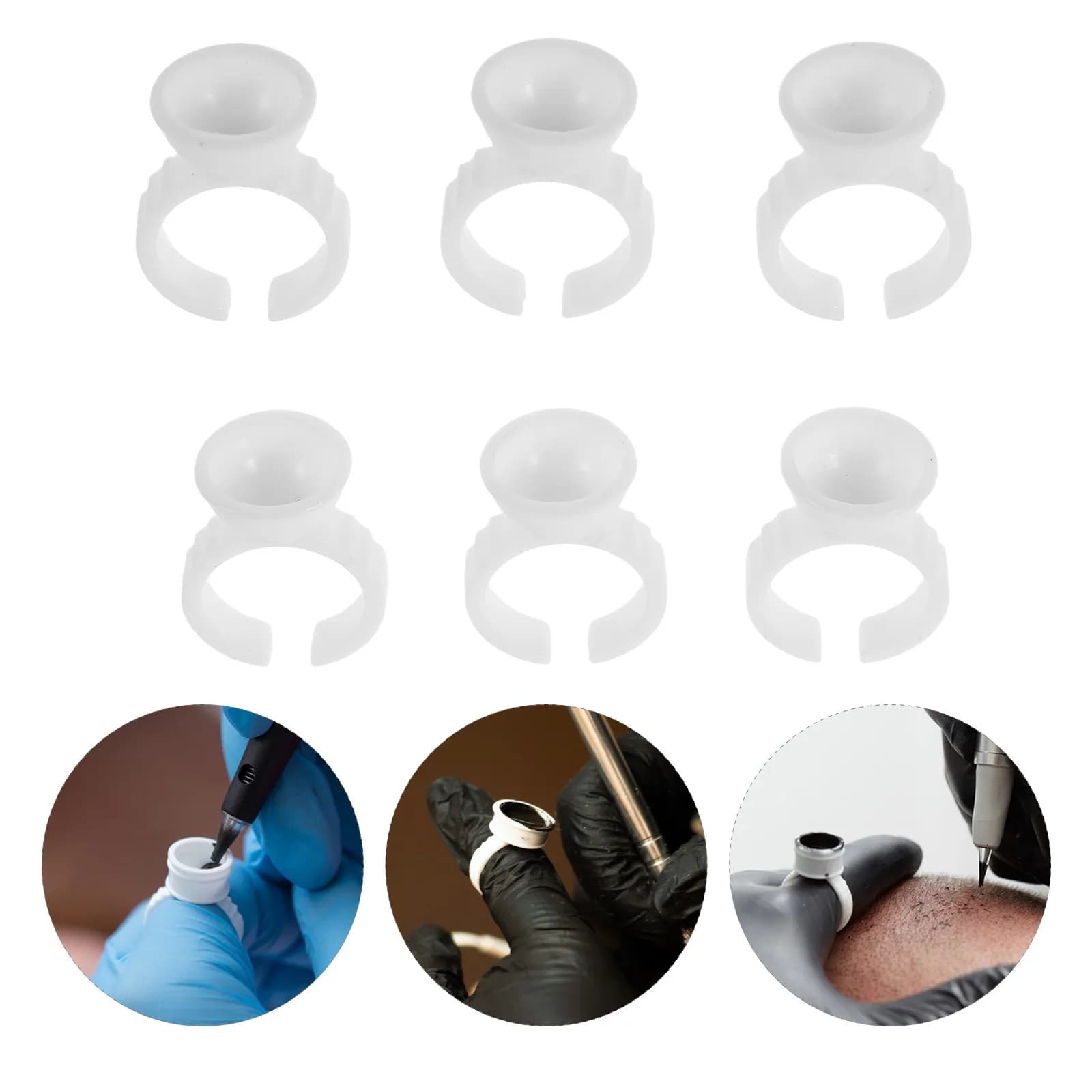 500Pcs Disposable Glue Ring Cups for Tattoo Ink Pigment Lash Adhesive Microblading Nail Art - White Plastic No Divider Single