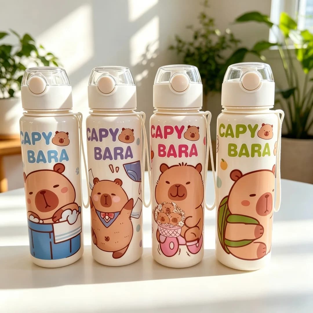 Borraccia Antigoccia da 700ml, Resistente, con Simpatico Design Capibara, Tazza per Acqua con Tracolla, Portatile per Sport e Fitness, Senza BPA, Regalo Perfetto