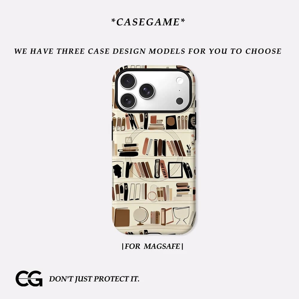 Casegame Matte Bumper per Custodia MagSafe per iPhone 17 16 15 14 Plus 13 Pro Max Antiurto Rigida in PC Cover Artistica Vintage a Tema Libreria