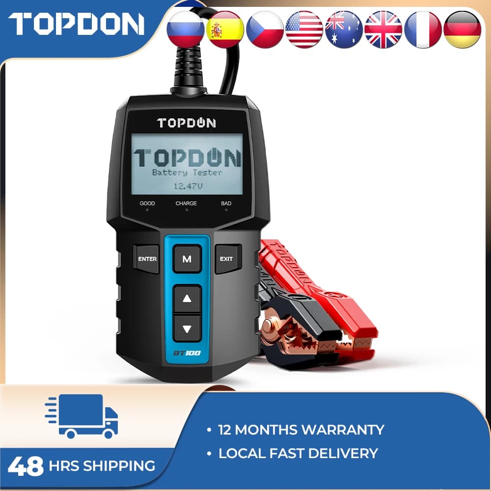 TOPDON BT100 Battery Tester Car Charger Analyzer 12V 2000CCA Battery Test Voltage Battery Tester Battery for Car Charging Instruments
