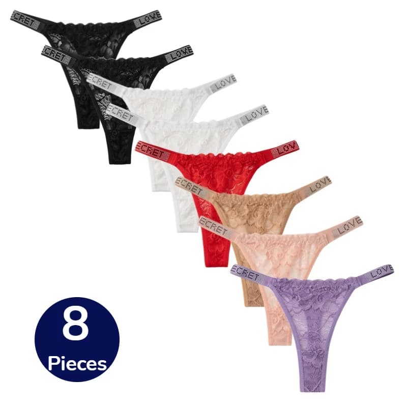BZEL 8PCS Lace Women's Panties Fashion Letter Belt Shining Female Thongs Sexy Lingerie Hollow Out G-Strings Cozy T-Back Hot Sale