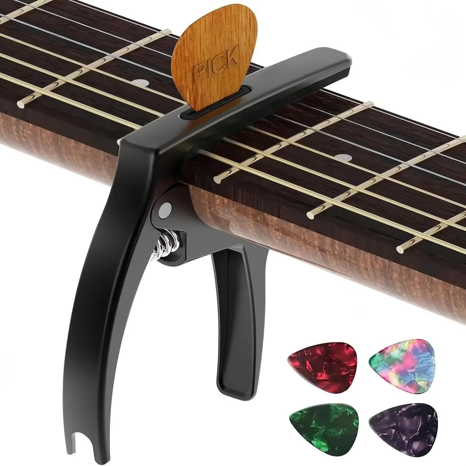 Capotasto per chitarra 3-in-1 in metallo zincato con porta plettri e 4 plettri per chitarre acustiche, elettriche e ukulele
