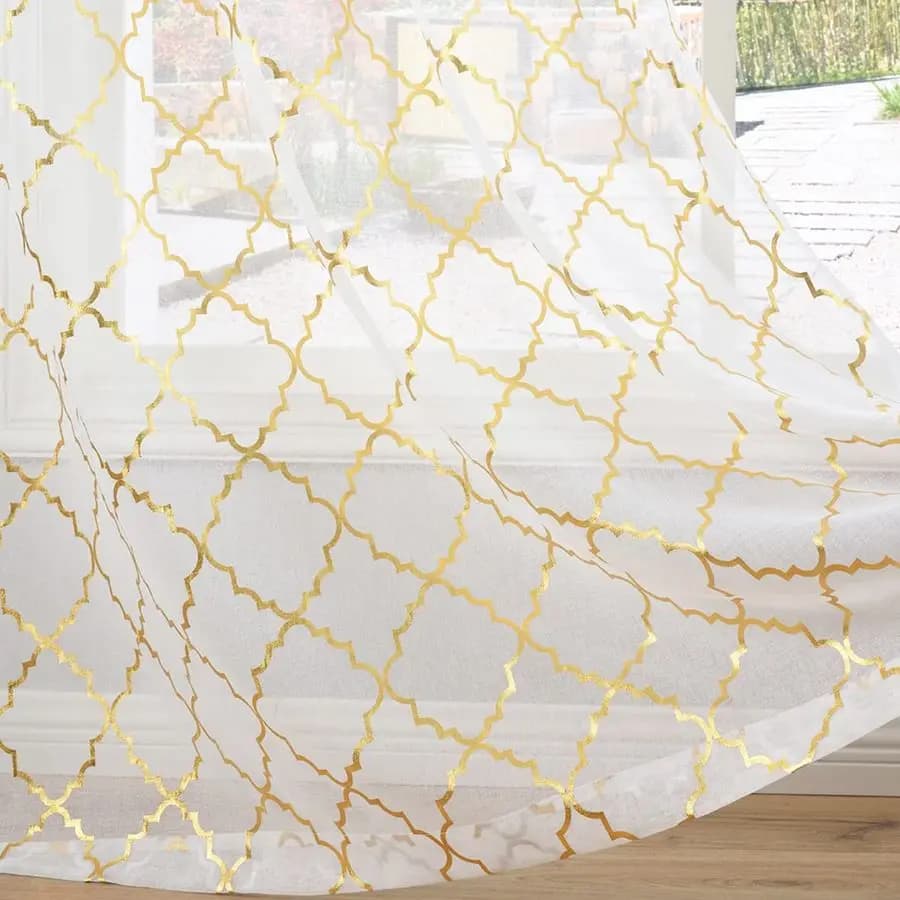 Transparent Gold and White Curtains, Length 274 cm, 2 Panels, Pattern Metal Moroccan, Extra Transparent Curtains Lengths for Living Room, with Eyelets
