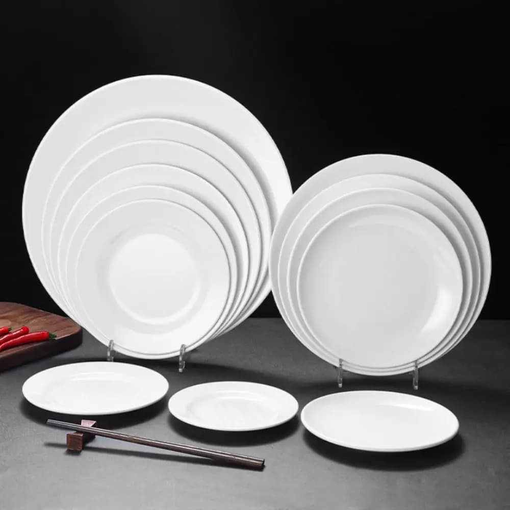 Piatto rotondo in melamina bianca per uso domestico, resistente alla caduta, imitazione porcellana, disco bianco, infrangibile, durevole, piatto da dessert